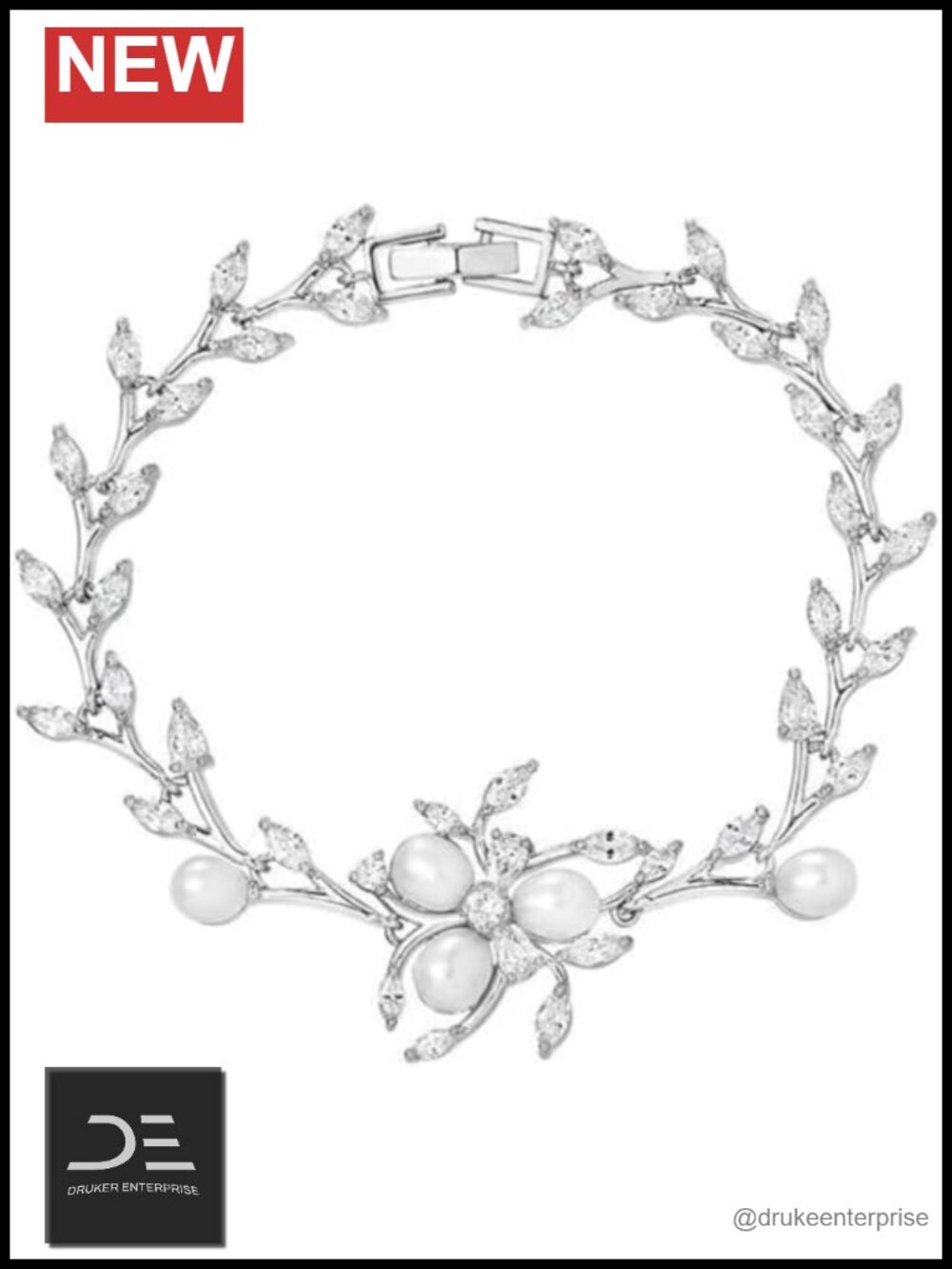 Solid Gold over S925 Sterling Silver Delicate Leaf Moissanite Pearl Bracelet